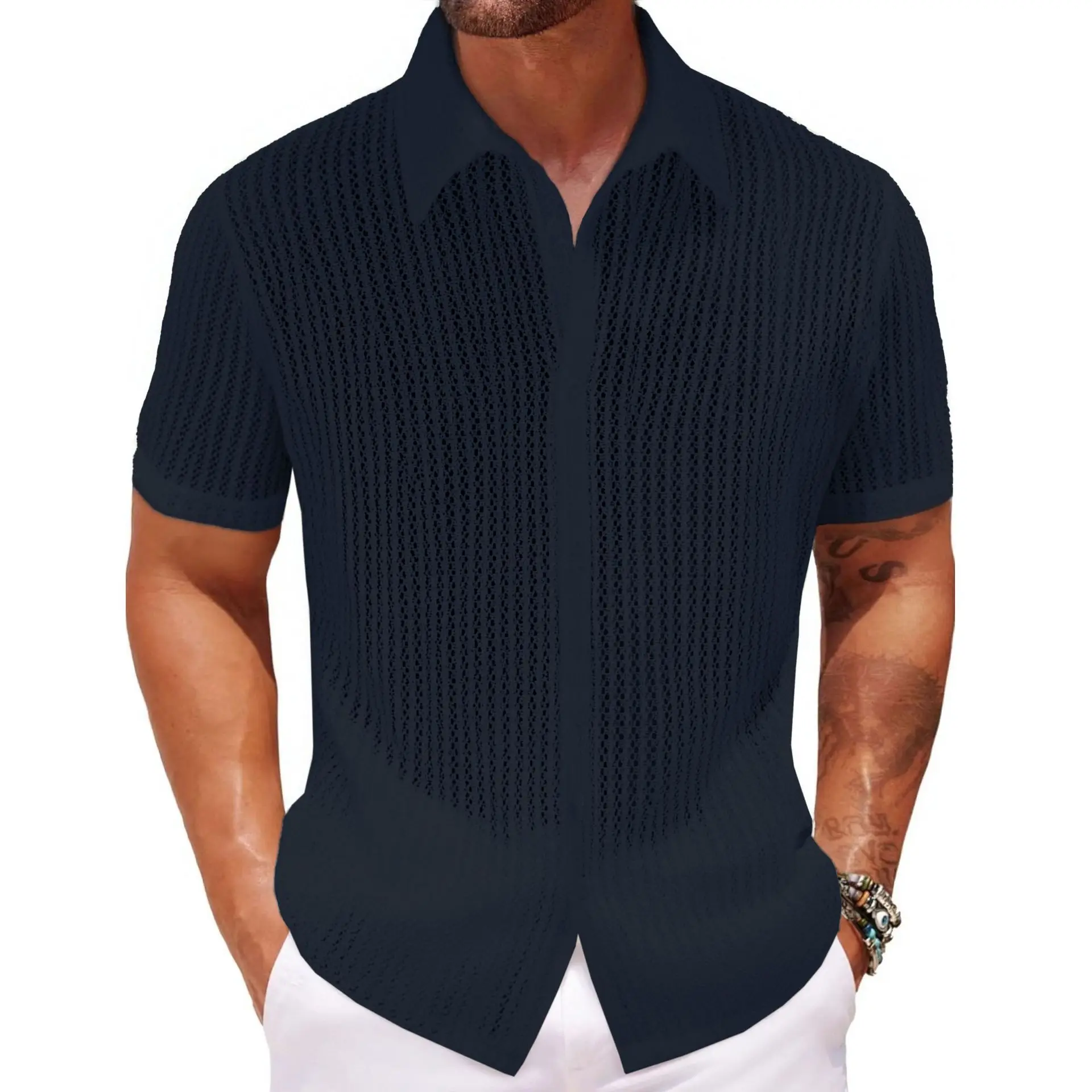 Summer Men's Casual Knitted Shirt New Hollow Short Sleeved Top Men Clothing Hawaiian Style