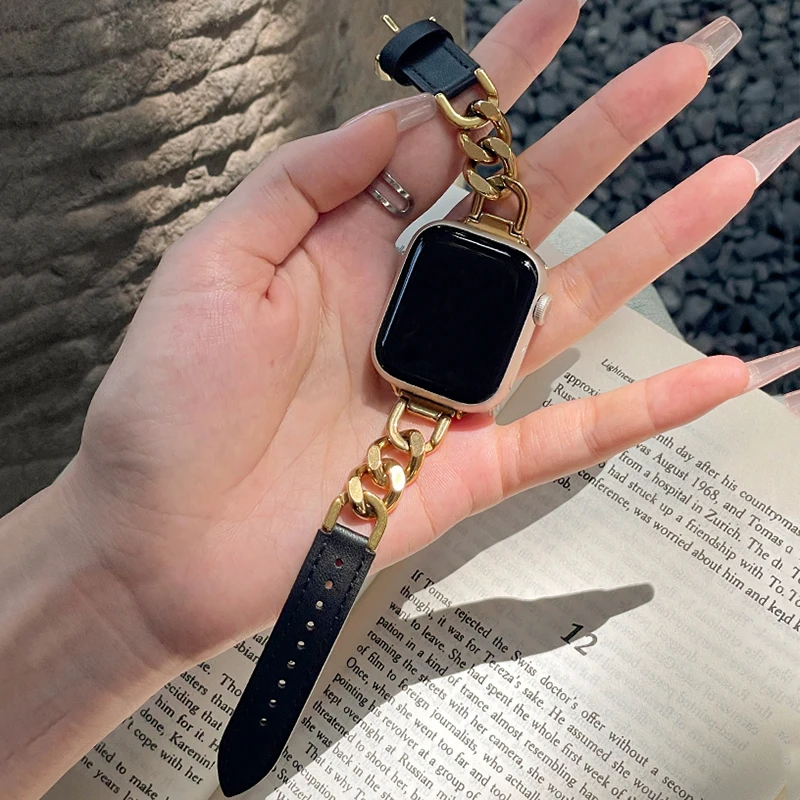 Leather Strap for Apple Watch 10 Band 46mm 42mm 44mm 40mm 41mm 45mm Women Stainless Steel bracelet iWatch Series 9 8 SE 7 6 Belt