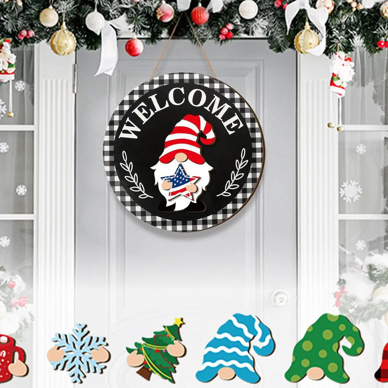 Gnome Welcome Sign Interchangeable Wooden Seasonal Sign Wall Decor With Magnet Pieces And Detachable Hats For Christmas Holiday