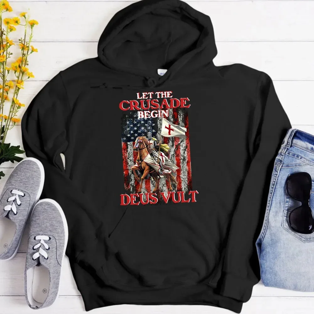 Let The Crusade Begin Deus Vult Hoodie Men's and Women's Long Sleeve Hooded Sweatshirt Pullover Tops Sportswear Women Clothing