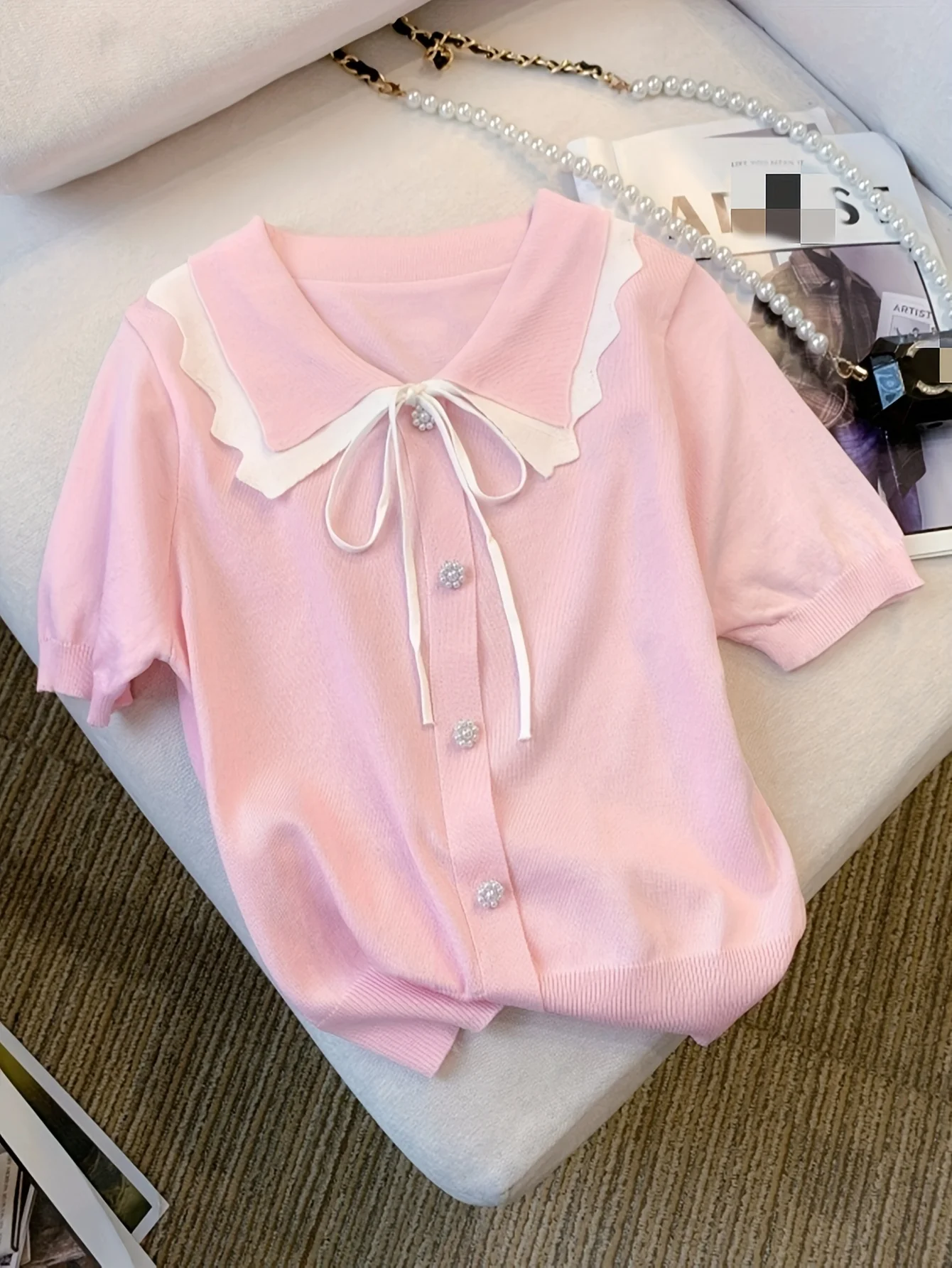 Cute Sweet Style Women Elastic Knit T‑Shirt Ruffled Collar Tops Bow Tie Decor Soft Slim‑Fit Casual Daily Summer Knit Tees Ladies