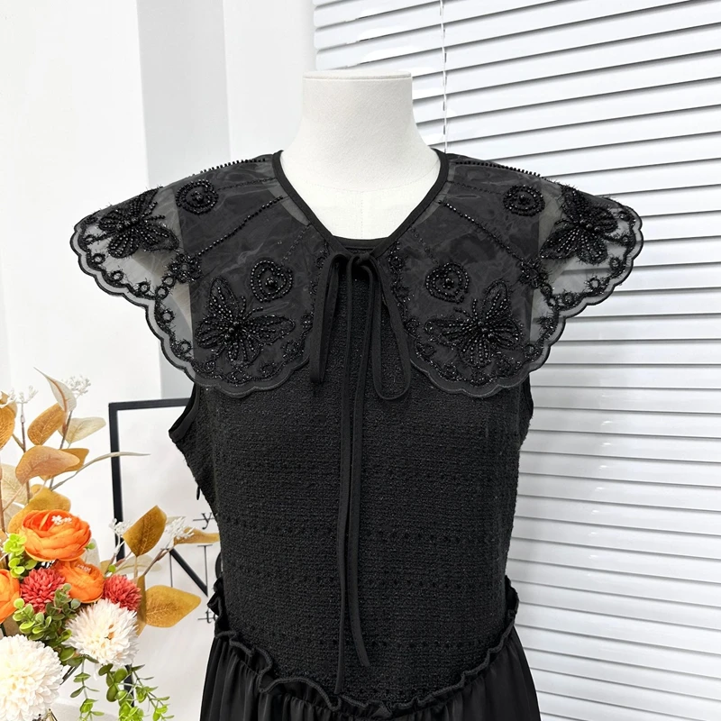 Embroidery Butterfly Detachable Collar Sweet Sheer Tulle Shawl Collar Pearl False Collar Shirt Dress Decor Clothing Accessories