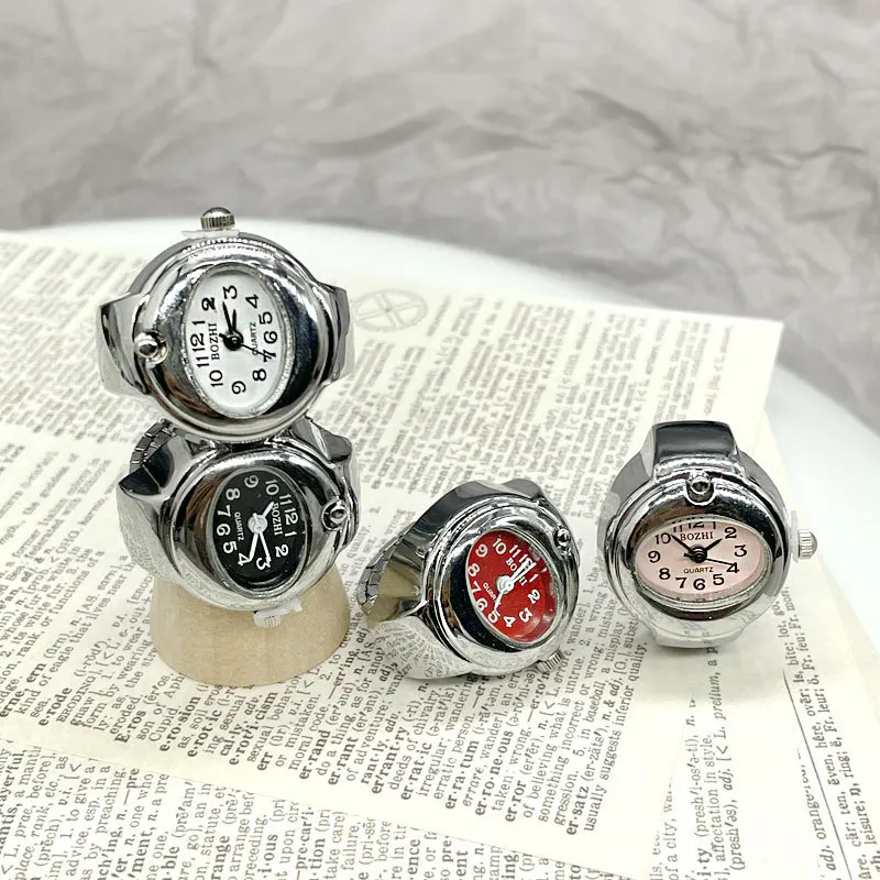 Kiss Jewelry Simple Silver Color Creative Quartz Watch Dial Finger Rings Couple Women Men Elastic Strap Metal Clock Ring Jewelry