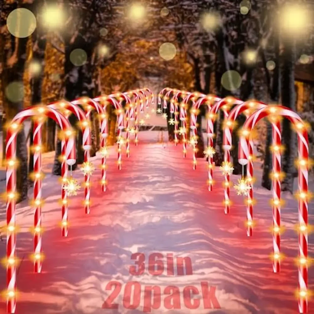 Tall Candy Cane Pathway Lights 62ft 20 Pack Outdoor Christmas Decorations LED Snowflake Warm Lights Waterproof ABS Material