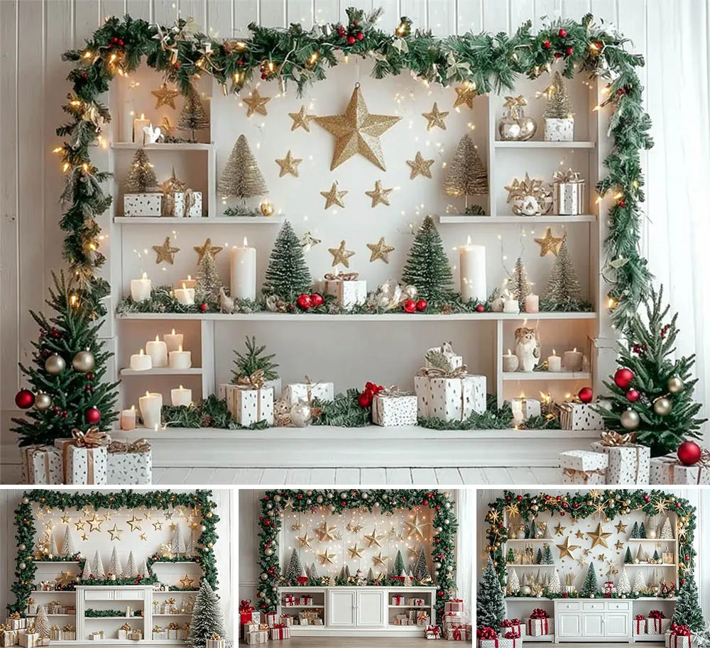 

Mehofond Christmas White Wall Photography Backdrop Kids Holiday Party Xmas Trees Light Candle Gift Baby Shower Photo Background