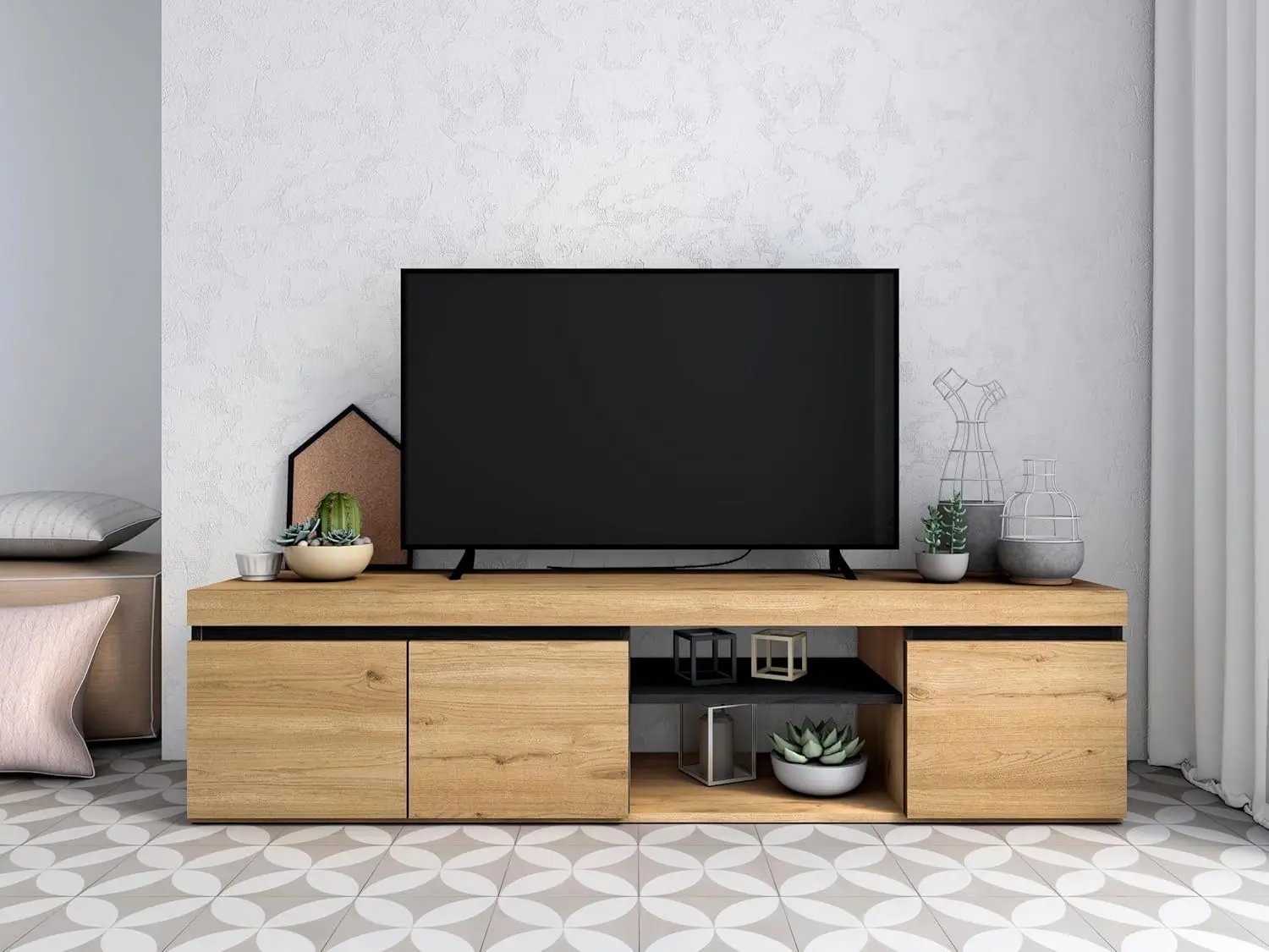 Mueble TV | Modelo Naturale  160 x 40 x 41 cm  Mueble Auxiliar 3 Puertas y 1 Balda Central  Estilo Nórdico  Melamina