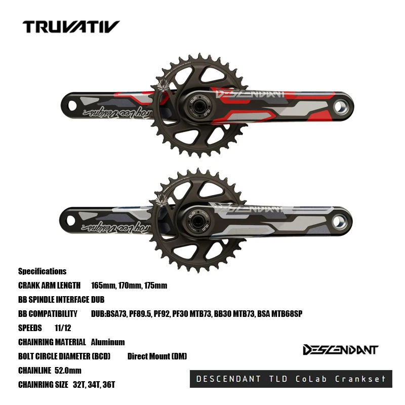 

TRUVATIV DESCENDANT TLD CoLab Crankset Available in 165mm, 170mm and 175mm, all with a 32t direct mount chainring