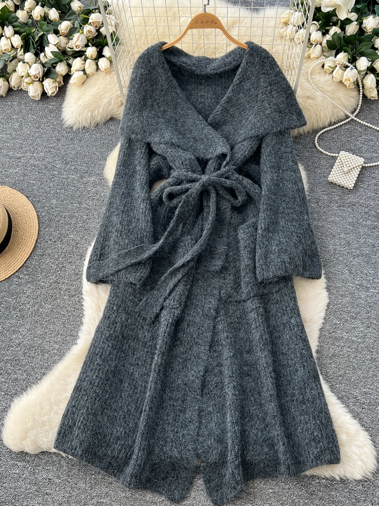 SuperAen Loose Casual Cardigan Coats for Women 2025 Winter New Lace-up Waist Large Turn-down Collar Knitted Dresses