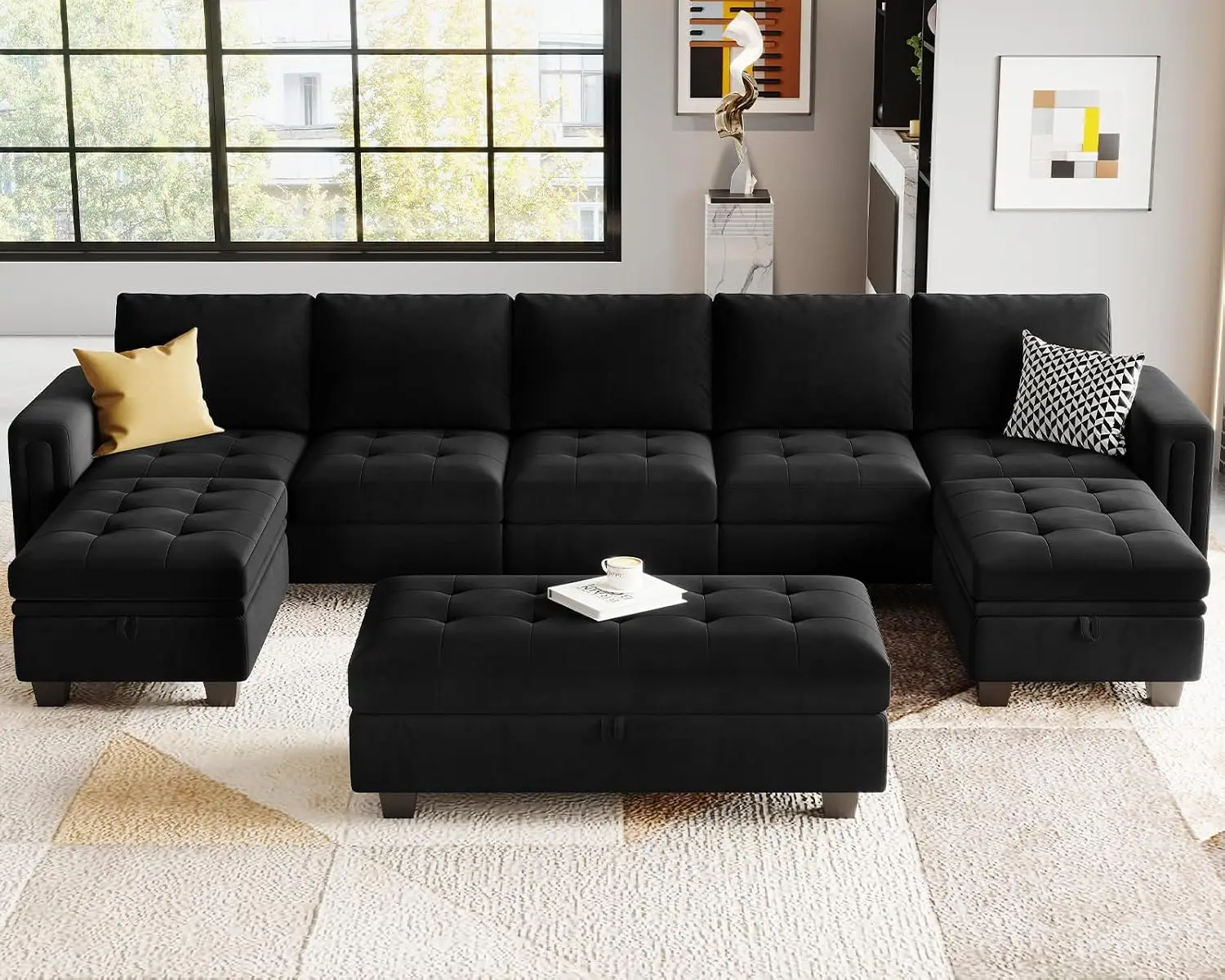 Velvet U Shaped Modular Sectional Sofa with Reversible Chaise & Storage Ottoman, Black, Customized
