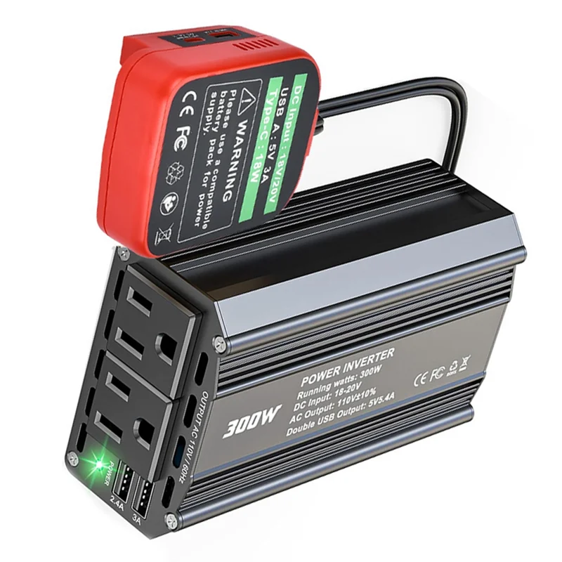 

BNVN-For Battery 18V To 110V 300W Power Inverter DC Adapter With 2 AC Outlets 2 USB Ports For Car