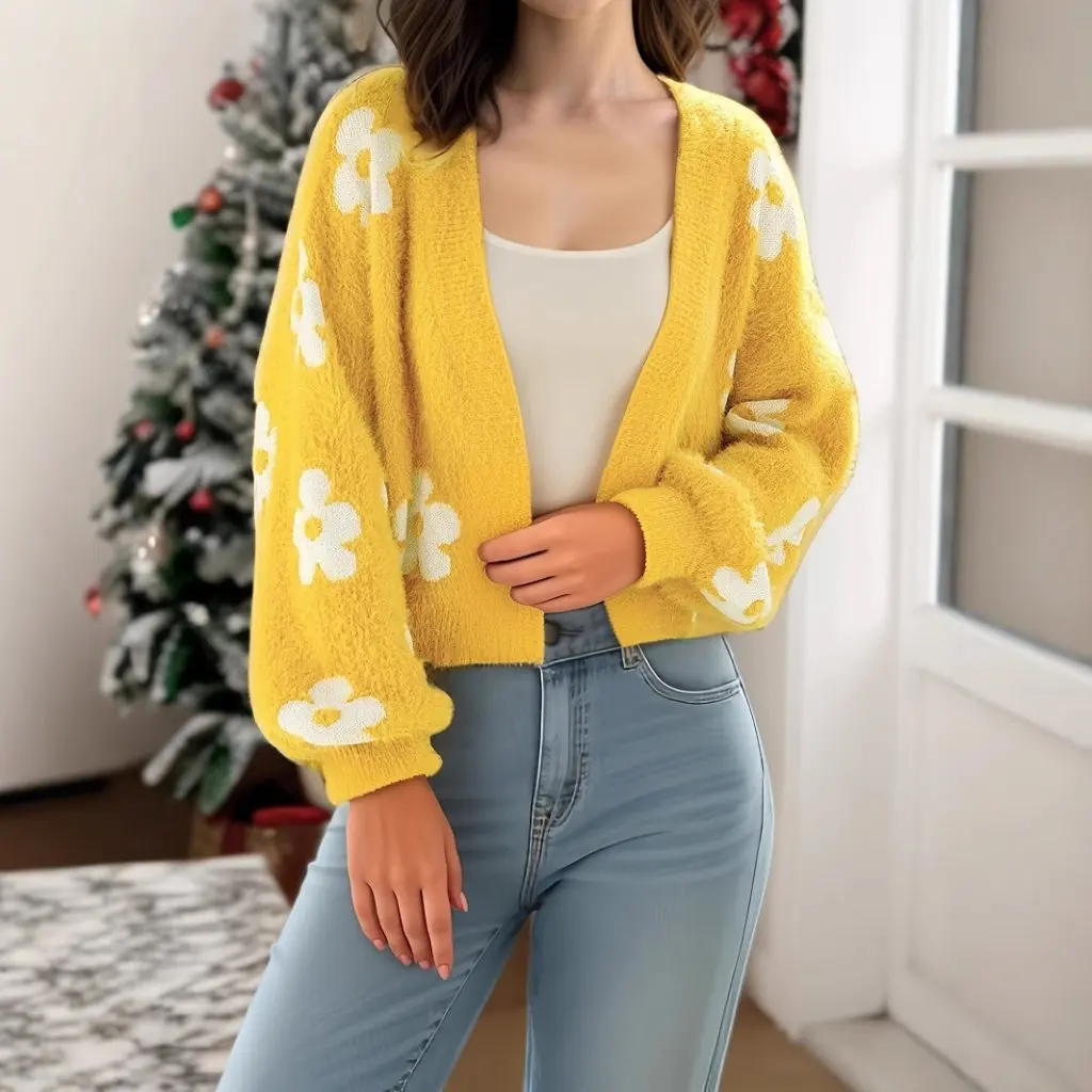 

Floral Wool Cardigan Short Knitwear Trendy Street Style Autumn Winter Women's Ins Internet Celebrity European American Fashion