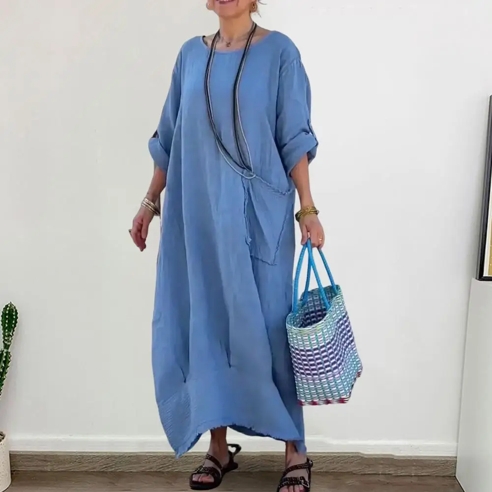 

Summer Spring Women Dress Round Neck Long Sleeve Dress Loose Straight Ankle Length Casual Commute Homewear Maxi Dress