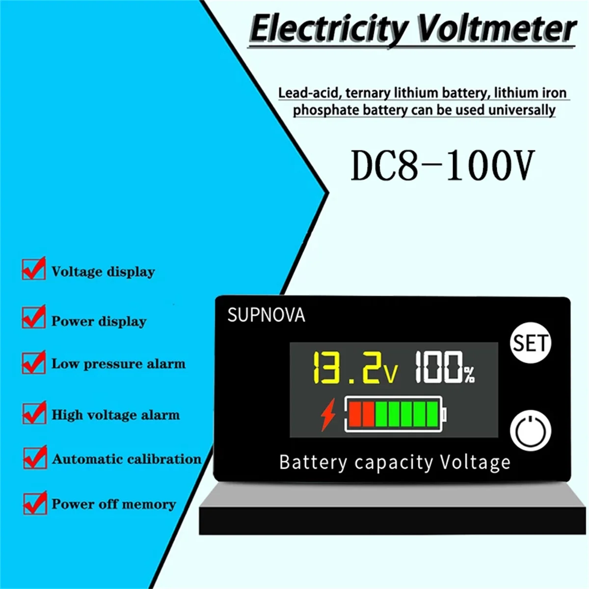 방수 배터리 용량 표시기, 자동차 오토바이 전압계 게이지, 납산 리튬 LiFePO4, DC 8V-100V, 12V, 24V, 48V, 72V