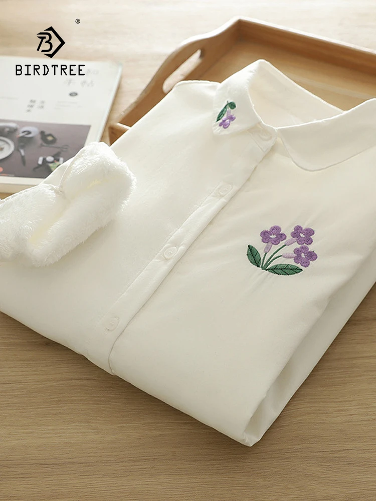

New 2025 Autumn Cotton Long Sleeve Fleece Shirt, Women Turn-down Collar Embroidery, Mori Girl Literature Loose Blouse T5O048CC