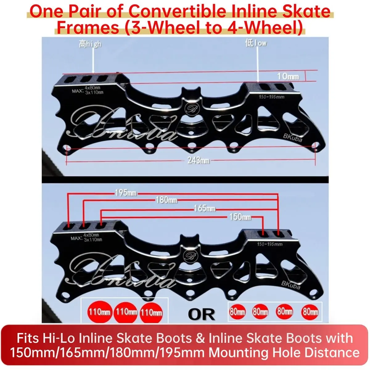 update. One Pair of Tri-Wheel Inline Skate Aluminum Alloy Frames, 2 Styles (4→3 Convertible) with Axles 3-Hole