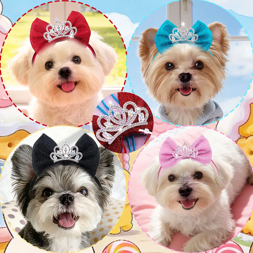 1PC Diamonds Dog Hair Bows Elastic Bands Crown Shape Luxury Adjustable Dog Bows Pet Photo Decoration Small Dog Head Bows
