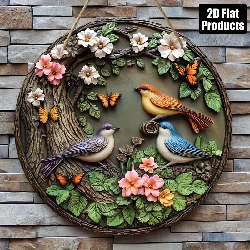 2D flache 1-teilige Retro-Wandkunst für Vögel und Blumen – kreisförmiges dekoratives Holzschild mit Vögeln, Schmetterlingen und Blumen, für den Heimgebrauch