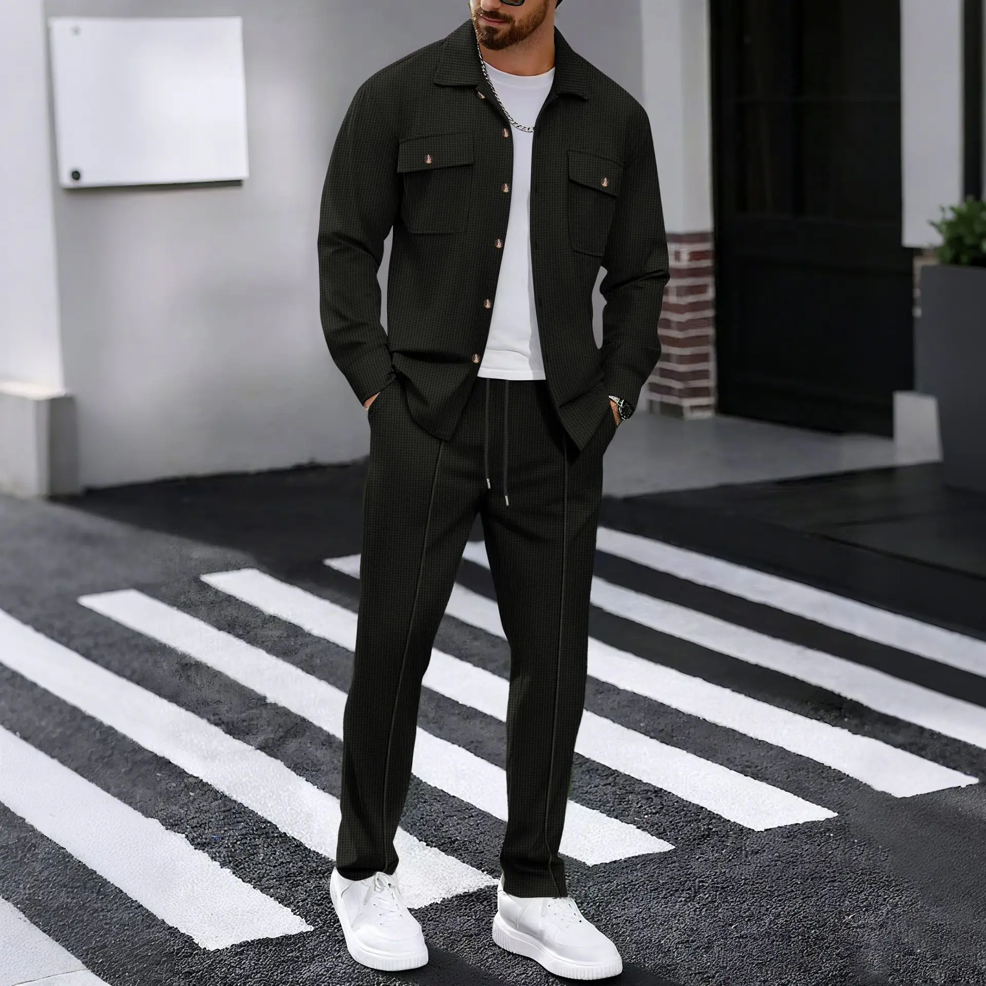Men's Spring Workwear Long-Sleeve Shirt And Long Pants Set Casual Double-Pocket Coat Outfit for Men