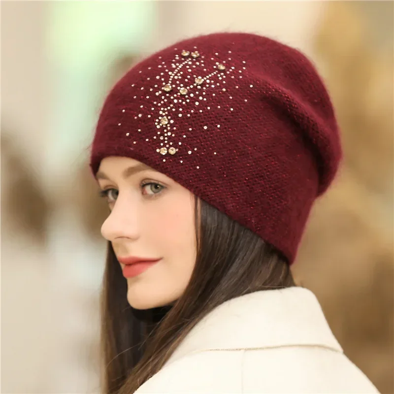 New Women Winter Hat Fashion Decorate Beanie Hat Rabbit Fur Blend Warm Winter Cap for Female Casual Streetwear Knitted Hat