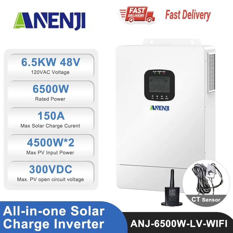 ANENJI 6.5KW عاكس للطاقة الشمسية هجين 48 فولت مزدوج MPPT 150A PV 300 VDC مواصفات الولايات المتحدة تشغيل/إيقاف الشبكة 120 فولت جهاز التحكم بالشحن بالطاقة الشمسية واي فاي #1
