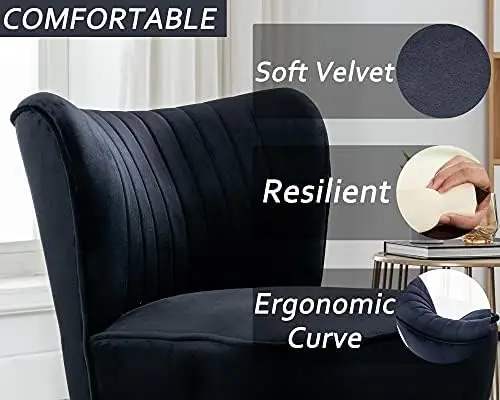 Ensemble de 2 chaises d'appoint en velours, canapé à oreilles noires avec pieds pour salon, chambre à coucher