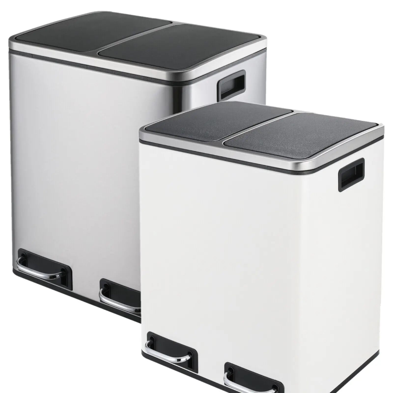 Kitchen Trash Can 2x15L Stainless Steel Dual Compartment Garbage Can, Pedal Recycling Bin, Stay-Open Lid and Soft Closure