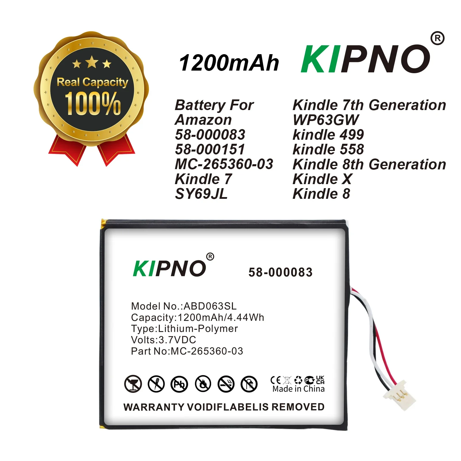 

KIPNO 1200Mah Replacemeny Battery For Amazon Kindle 7 7Th Gen 6" E-Reader WP63GW 265360 58-000083 58-000151