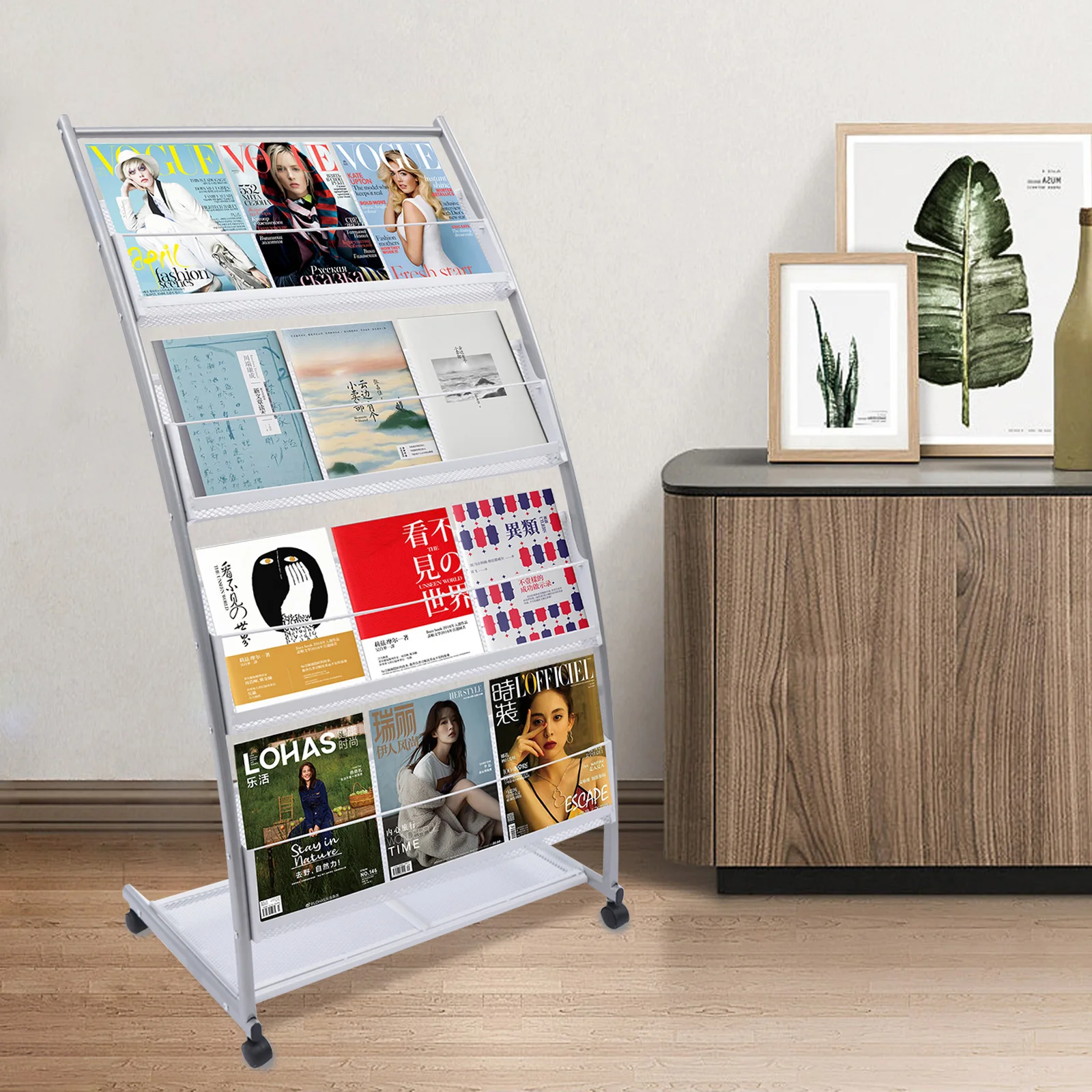 

Four-tier Floor-Standing Magazine Rack with Universal Wheels Multi-level Storage Newspaper Display Rack