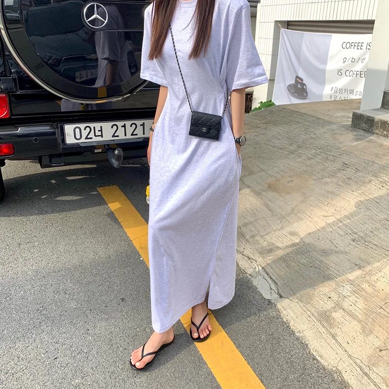 Chic ample femmes T-shirt Dr rond Ne côté bouton taille cintrée jupe longue coréen Sle taille haute coton été Dr