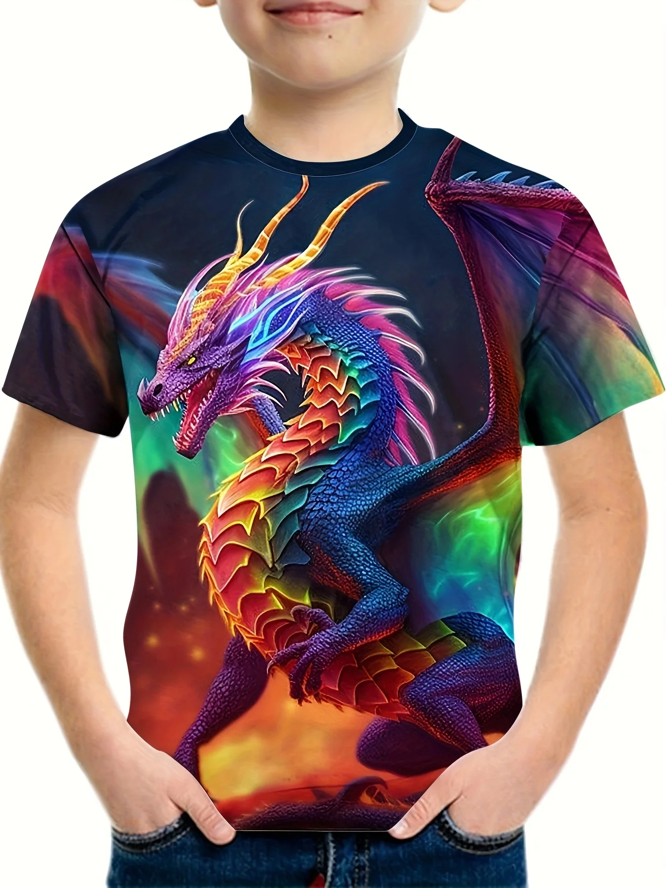 Kinderbekleidung T-Shirts für Jungen, kurzärmeliges Kinder-T-Shirt, stilvoller 3D-Drachen-Grafik-Druck, lässige Mädchen-Sommerkleidung, Oberteile – Detail 3