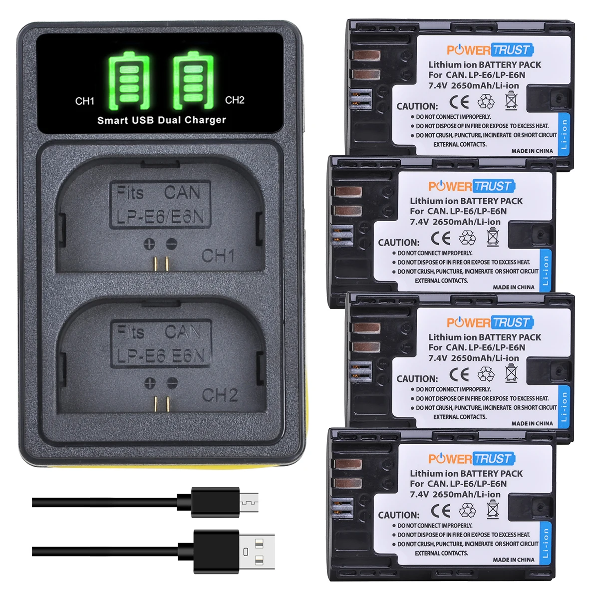 

2650mAh LP-E6N LP-E6 Battery+LED Dual Charger with Type C Port for Canon EOS 5DS R 5D Mark II,Mark III 6D 7D 80D 90D EOS R R5 R6