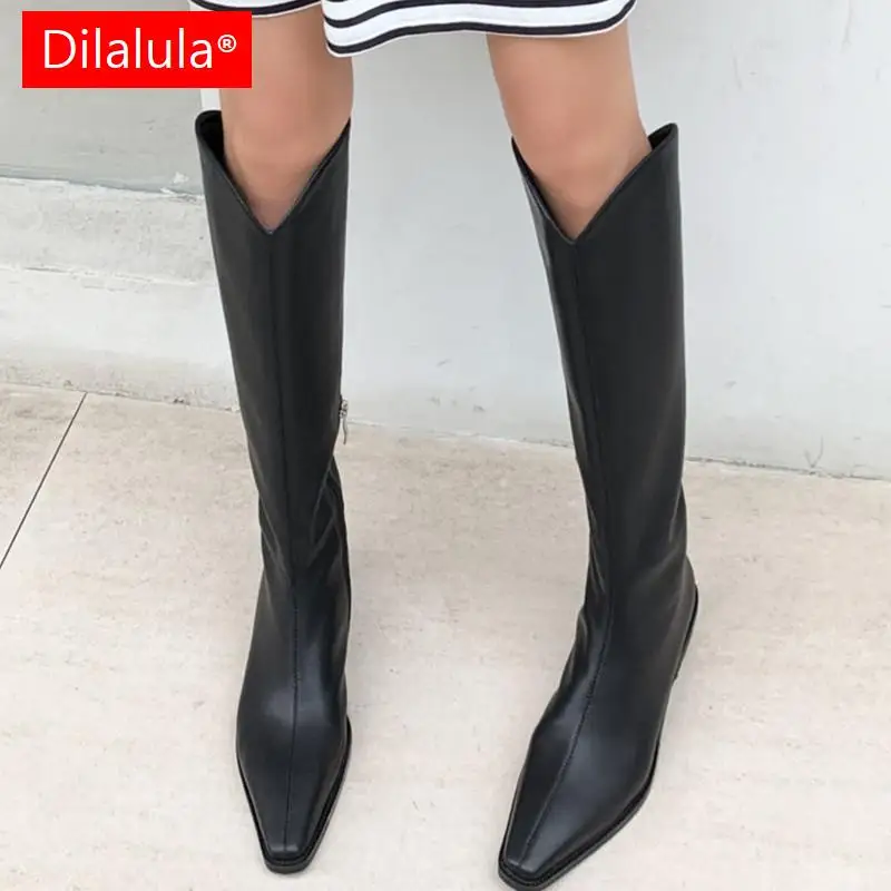 Dilalula Women Genuine Leather Knee-High Boots Thick Heels Side Zipper Autumn Winter Office Lady Working Riding boots