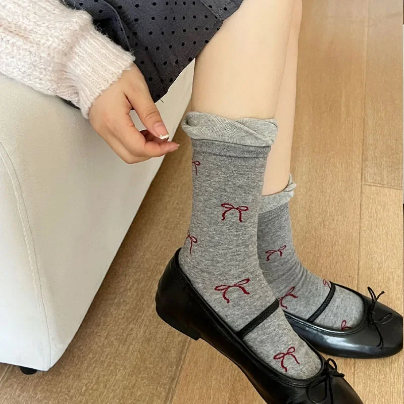 Full Printed Bow Socks Women Cute Mid Calf  Japanese Kawaii Cotton Korean Stacked Sock Winter Warmth Thickening Sweat Absorption