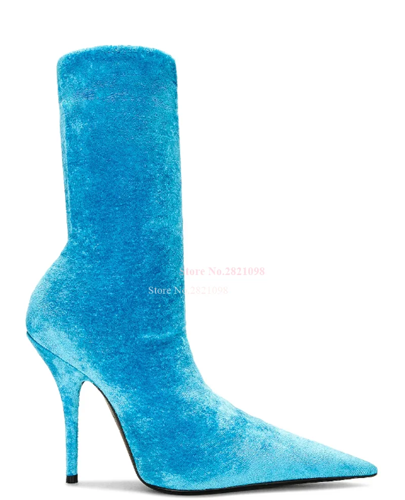 

Стрейчевые синие Черные Велюровые ботинки на высоком каблуке-шпильке с острым носком женские ботинки на высоком каблуке с острым носком