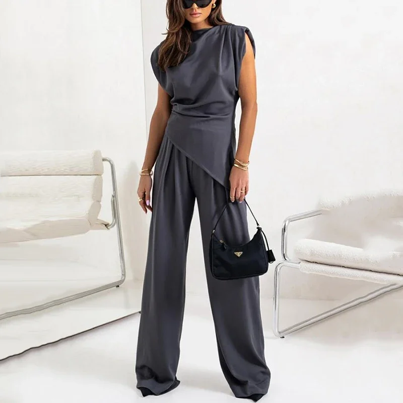 

Повседневный однотонный комплект из двух предметов, женский летний модный тонкий топ с высокой талией, брюки, наряд, комплект из двух предметов, женские брюки, костюм