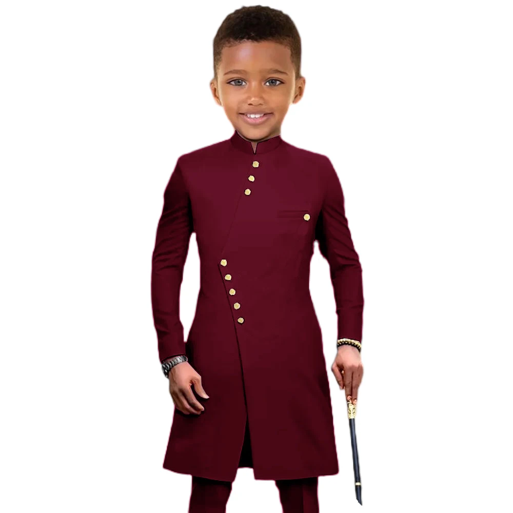 Black Suit for Boys Wedding Tuxedo Indian Style Stand Collar 2 Pieces Long Jacket Kids Fashion Party Dress Child Clothes