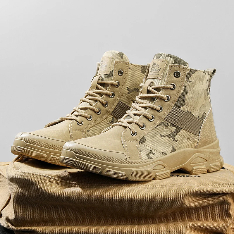 Vintage Camouflage Men Combat Ankle Boots, Wear-resistant Shock Absorb Outdoor Work Boots For Trekking Travel Construction