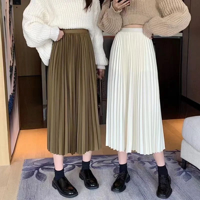 

Весенне-летняя плиссированная юбка для женщин, юбки А-силуэта, модные женские винтажные однотонные юбки с эластичной высокой талией, повседневные миди-юбки