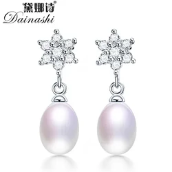Dainashi Hoge Kwaliteit 925 Sterling Zilver Zirkoon Bloem Oorbellen Voor Vrouwen Echte Zoetwater Gekweekte Ovale Parel Oorbellen