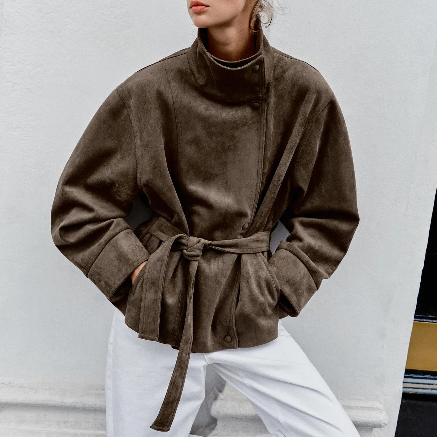 ZADATA Women's Long Sleeve Stand Collar Belted Outerwear Autumn 2026 Standard Fit Short Coat Quality Material Chinese Production