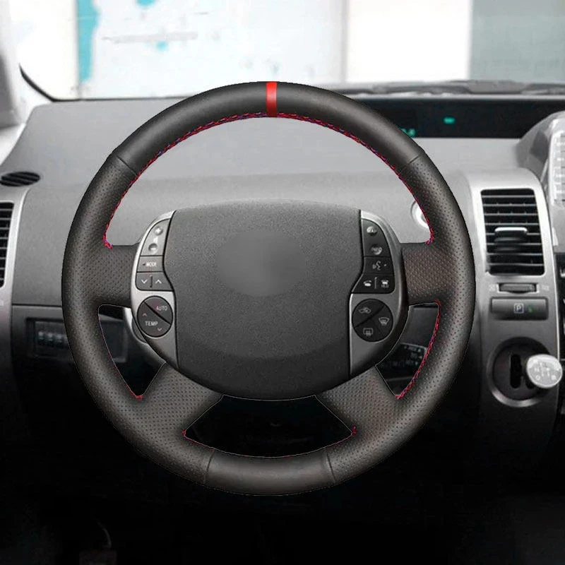 For Toyota Prius 20 XW20 2004 2005 2006 2007 2008 2009 Hand-stitched Car Steering Wheel Cover Trim Black Leather with red strip
