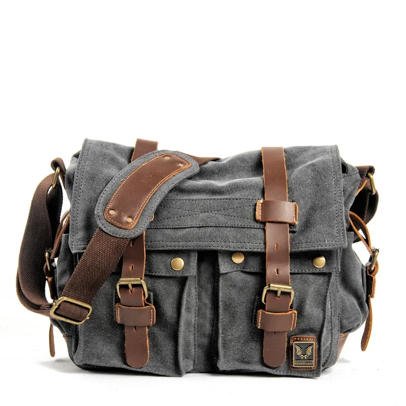 Vintage Canvas with Crazy Horse Leather Crossbody Bag Men Women Messenger Bag Shoulder Casual Satchels