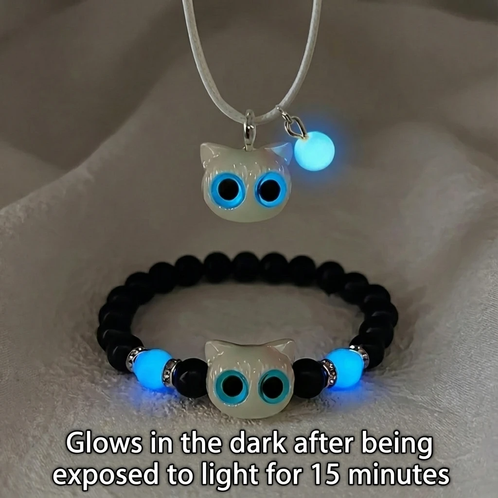 Leuchtende schwarze Katze-Anhänger-Armbänder für Damen und Herren, niedliches Cartoon-Harz, großes Auge, Kätzchen-Anhänger, Halskette, modischer Paar-Schmuck – Detail 3