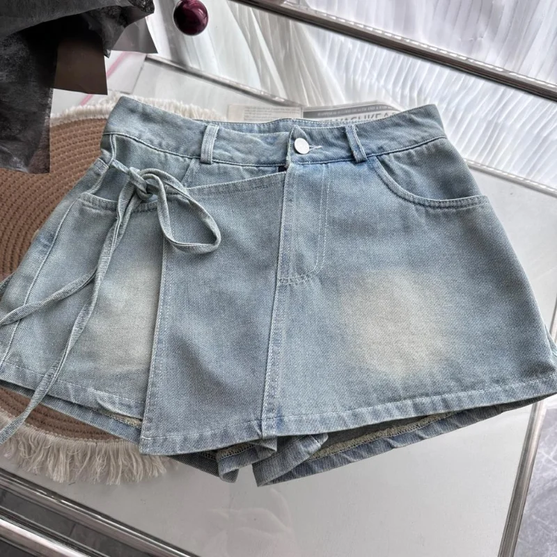 New Ultra Short Jeans Skirt 2024 Summer Versatile Sweet Cool Women's Contrast Color Washed Lace High Waist A-line Pants Skirt