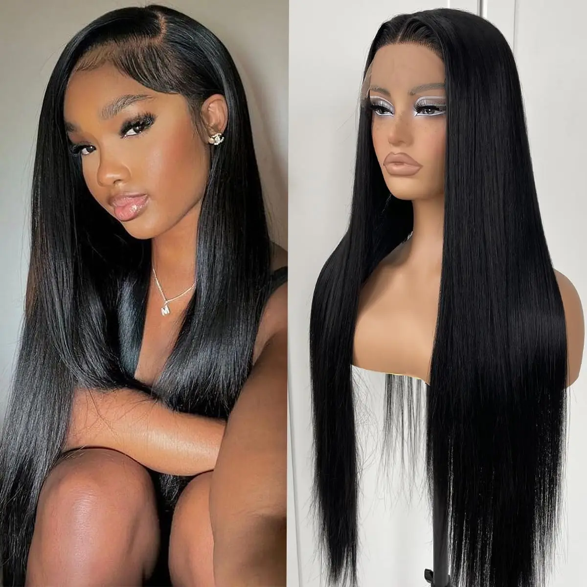 Long Straight Synthetic Lace Front Wigs For Women 28 Inch Black 13×4 Lace Wig Easy Wear Cosplay Wig