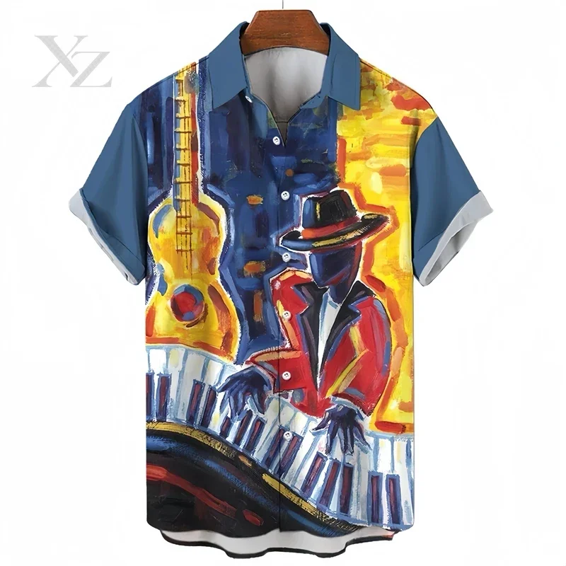 Men's 3D Printed Music Notes Short-Sleeved Shirt, Soft Fabric, Party Performance, Super Large Size 6XL