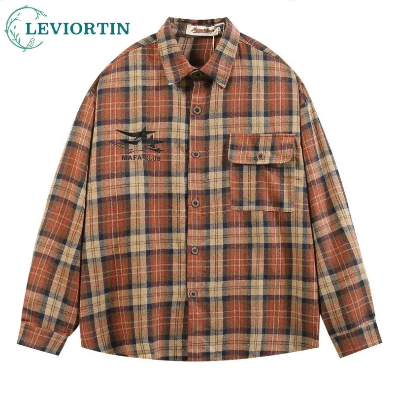 American plaid commuting long sleeved shirt, loose and fashionable trend on the streets in early autumn, couple casual top trend