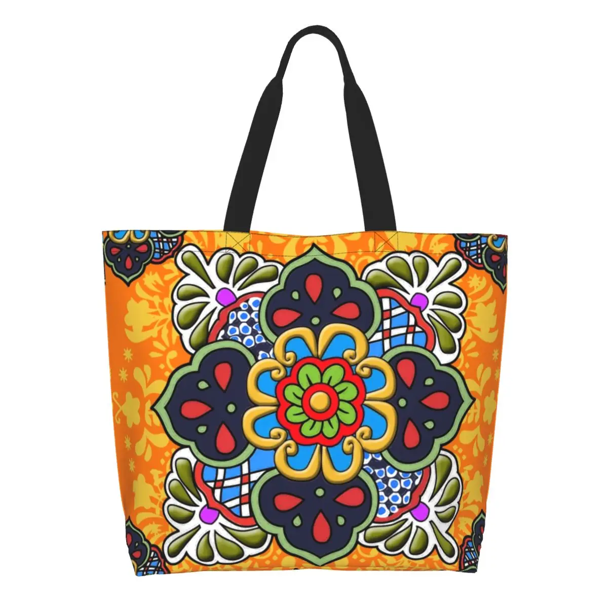 

Custom Recycling Mexican Talavera Flower Ceramic Tile Shopping Bag Women Canvas Shoulder Tote Bag Portable Grocery Shopper Bags