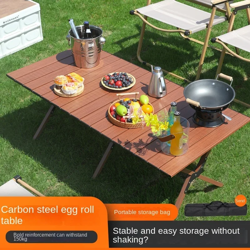 

Outdoor Camping Table Wood Folding Grain Carbon Steel Egg Roll Portable Beach Table Camping Chair Tourist Plate Table