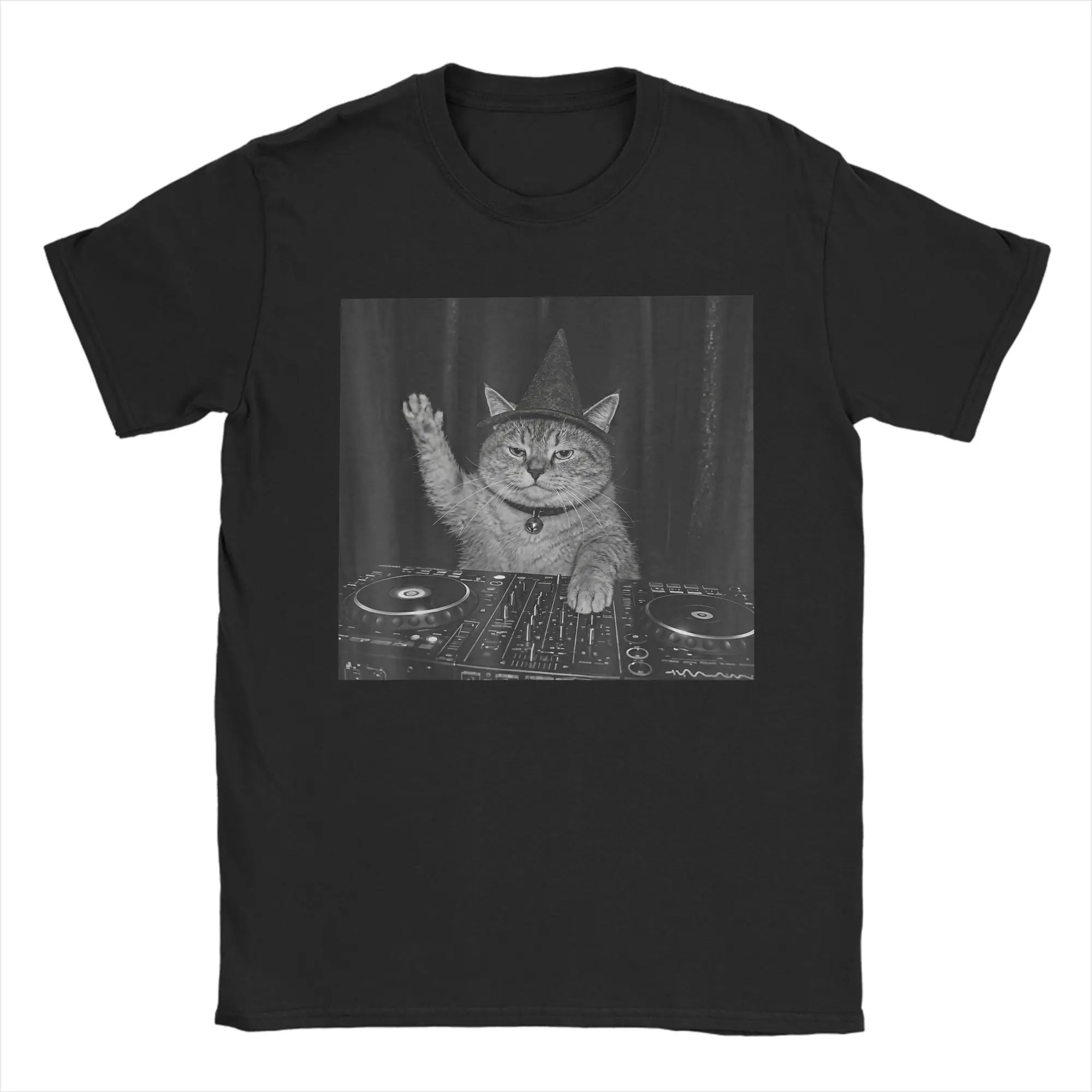 Funny Cute Spooky Fat Wizard DJ Cat Meme Cotton T-Shirt For Men's T Shirts O Neck Trending Tee Shirt Plus Size Casual Tops